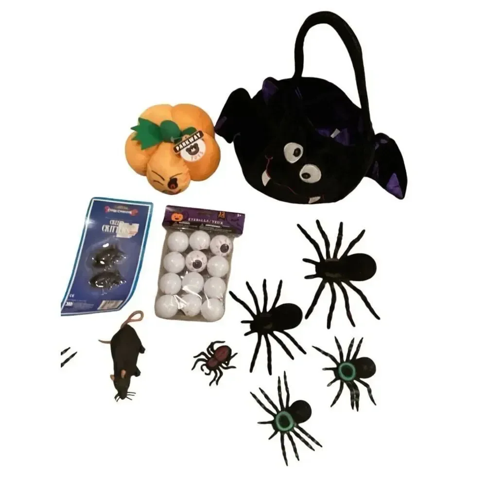 Lot Of Halloween Party Supplies Trick Or Treat Bucket Faux Spiders Rat Bat Pumpk